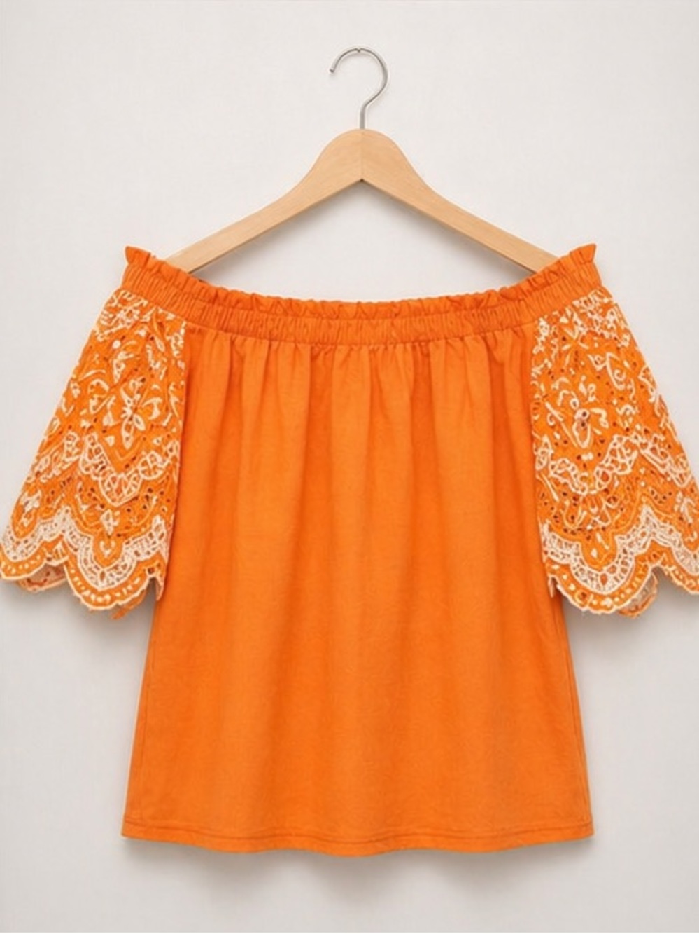 Orange White Embroidered Crochet Tunic Blouse Off-Shoulder Bell 3/4 Sleeve M